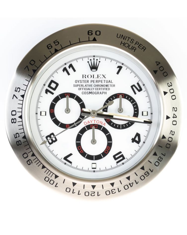Rolex Cosmograph Daytona Style Large Numbers Silver, Black & White Wall Clock