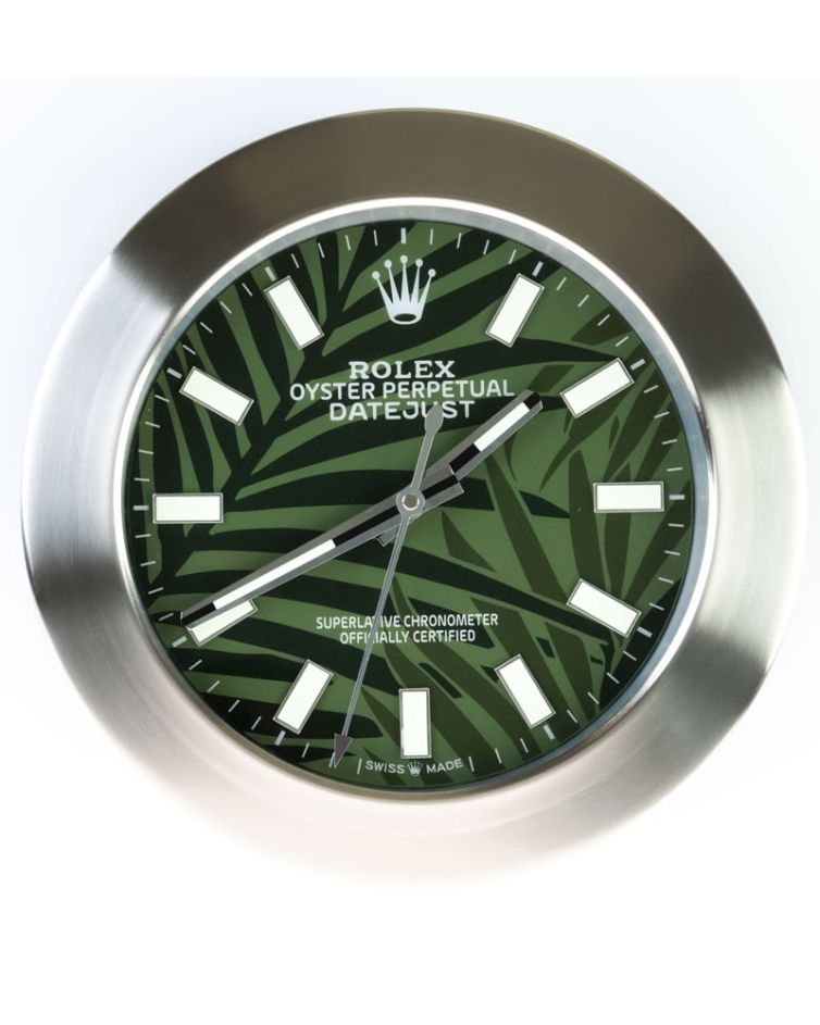 Rolex Perpetual Date Style Just Silver & Green Leaf Wall Clock