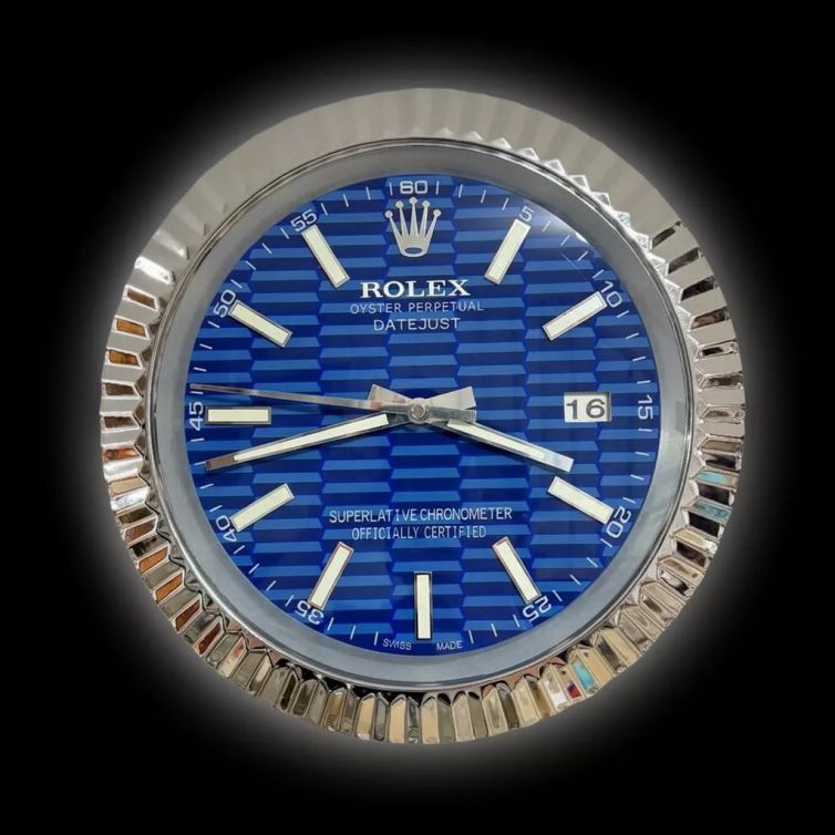 Rolex Ridged Silver & Blue Datejust Style Wall Clock
