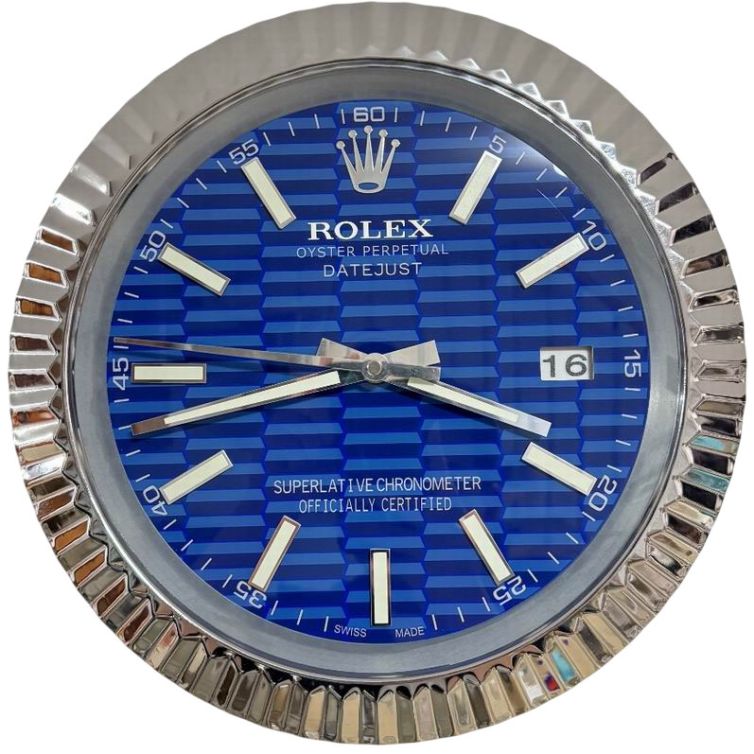 Rolex Ridged Silver & Blue Datejust Style Wall Clock