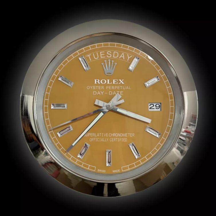 Rolex Silver & Gold & Diamante Markers Day-Date Style Wall Clock