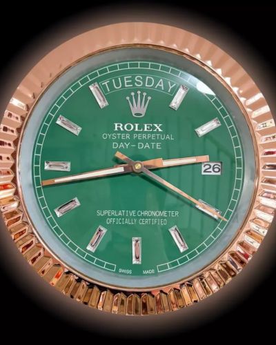 Rolex Ridged Rose Gold & Green & Diamante Markers Day-Date Style Wall Clock
