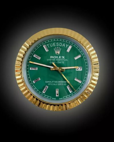 Rolex Ridged Gold & Green & Diamante Markers Day-Date Style Wall Clock