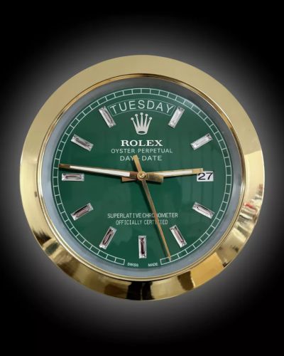 Rolex Gold & Green & Diamante Markers Day-Date Style Wall Clock