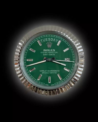 Rolex Ridged Silver & Green & Diamante Markers Day-Date Style Wall Clock