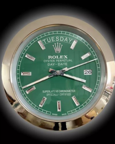 Rolex Silver & Green & Diamante Markers Day-Date Style Wall Clock