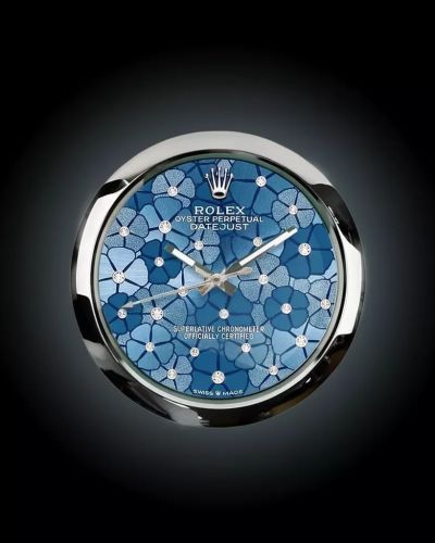 Rolex Silver & Floral DateJust Style Wall Clock