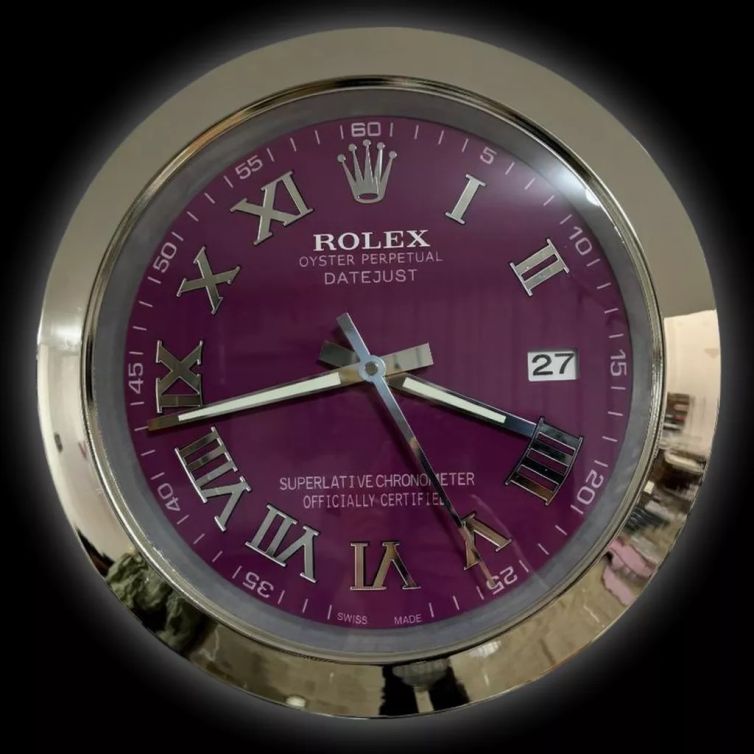 Rolex Silver & Purple Roman Numerals Datejust Style Wall Clock