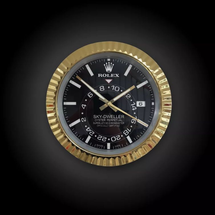 Rolex Ridged Gold & Black with Date Sky Dweller Style Wall Clock