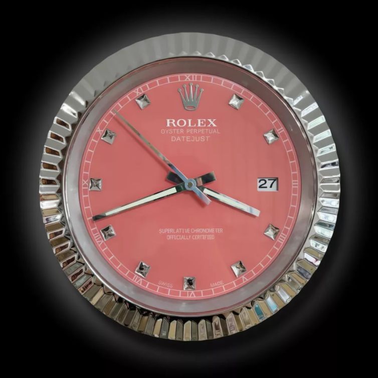 Rolex Ridged Silver & Red with Date & Diamante Markers DateJust Style Wall Clock