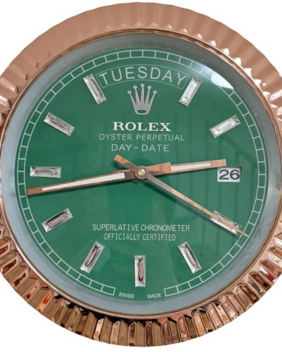 Rolex Ridged Rose Gold & Green & Diamante Markers Day-Date Style Wall Clock