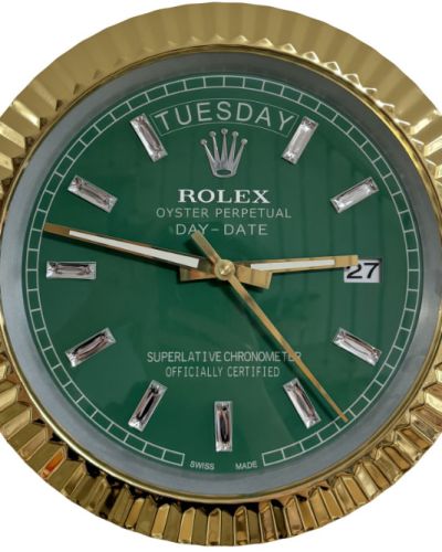 Rolex Ridged Gold & Green & Diamante Markers Day-Date Style Wall Clock