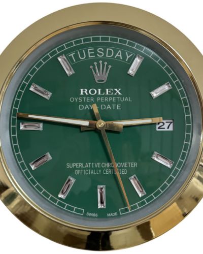 Rolex Gold & Green & Diamante Markers Day-Date Style Wall Clock
