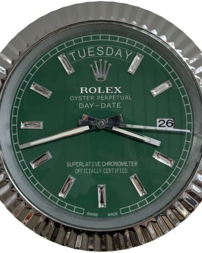Rolex Ridged Silver & Green & Diamante Markers Day-Date Style Wall Clock