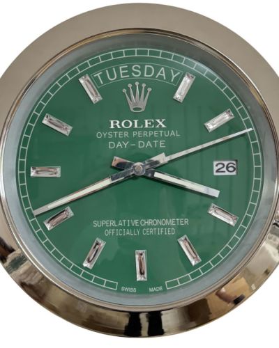 Rolex Silver & Green & Diamante Markers Day-Date Style Wall Clock