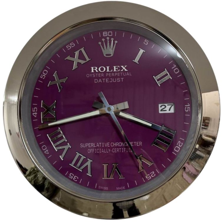 Rolex Silver & Purple Roman Numerals Datejust Style Wall Clock