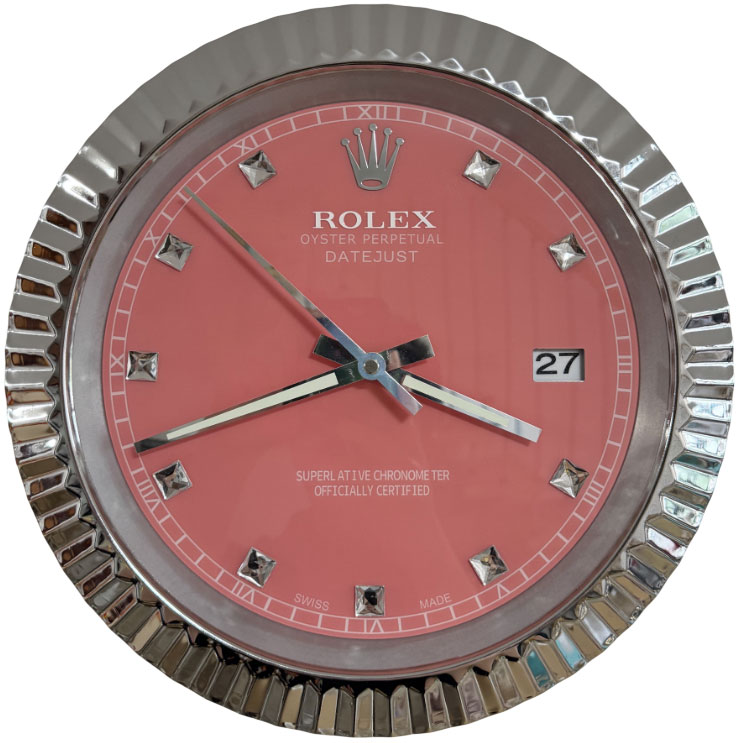 Rolex Ridged Silver & Red with Date & Diamante Markers DateJust Style Wall Clock